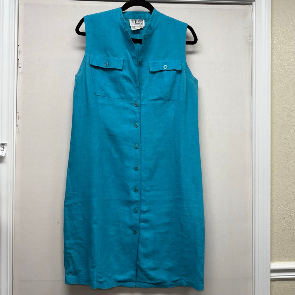 Women's TESS Turquoise Linen Sleeveless Button-Front Dress Size 10
